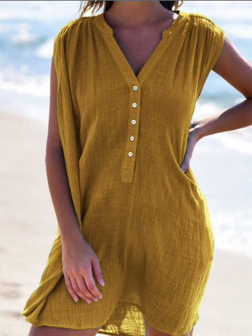 Summer Women Solid Color Fashion Casual V-Neck Button Sleeveless Dress
