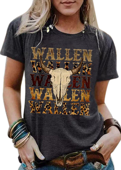 Camiseta informal de verano para mujer con estampado de cabeza de buey occidental, cuello redondo y manga corta