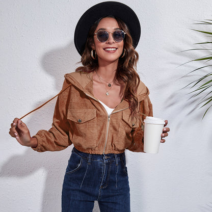 Women Autumn Casual Hoodie Corduroy Loose Long-sleeved Solid Color Crop Shacket