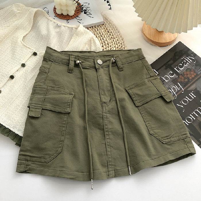 Women Fashion Casual Solid Color Drawstring Waist Denim Skirt