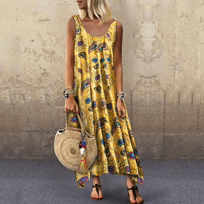 Vestido informal sin mangas con cuello redondo y estampado de plantas para mujer
