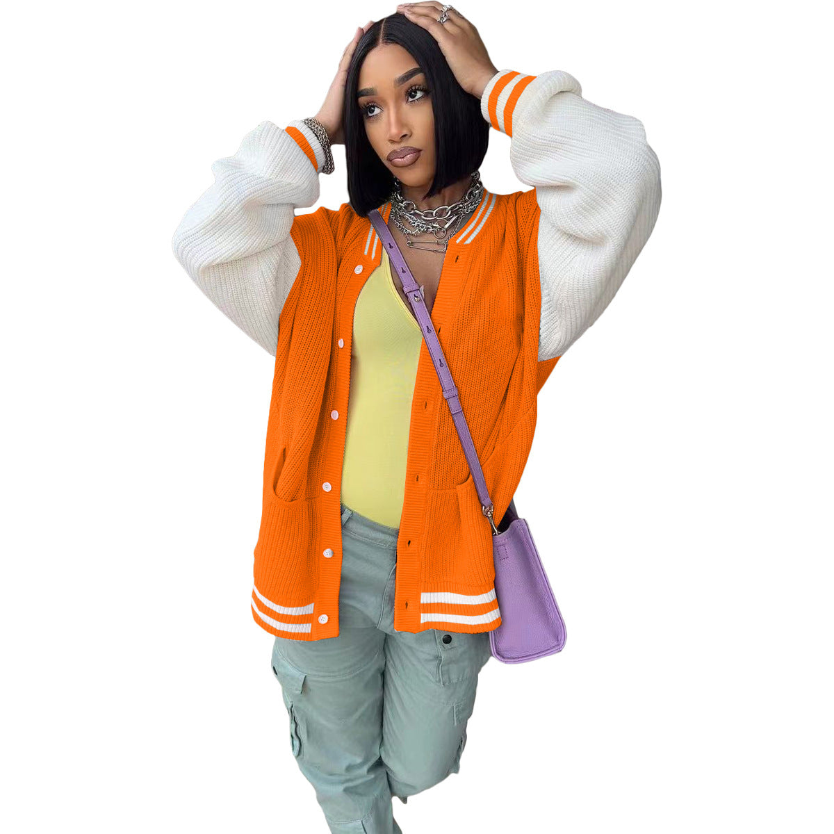 Chaqueta de punto con botonadura sencilla y bloques de color, informal, a la moda para mujer
