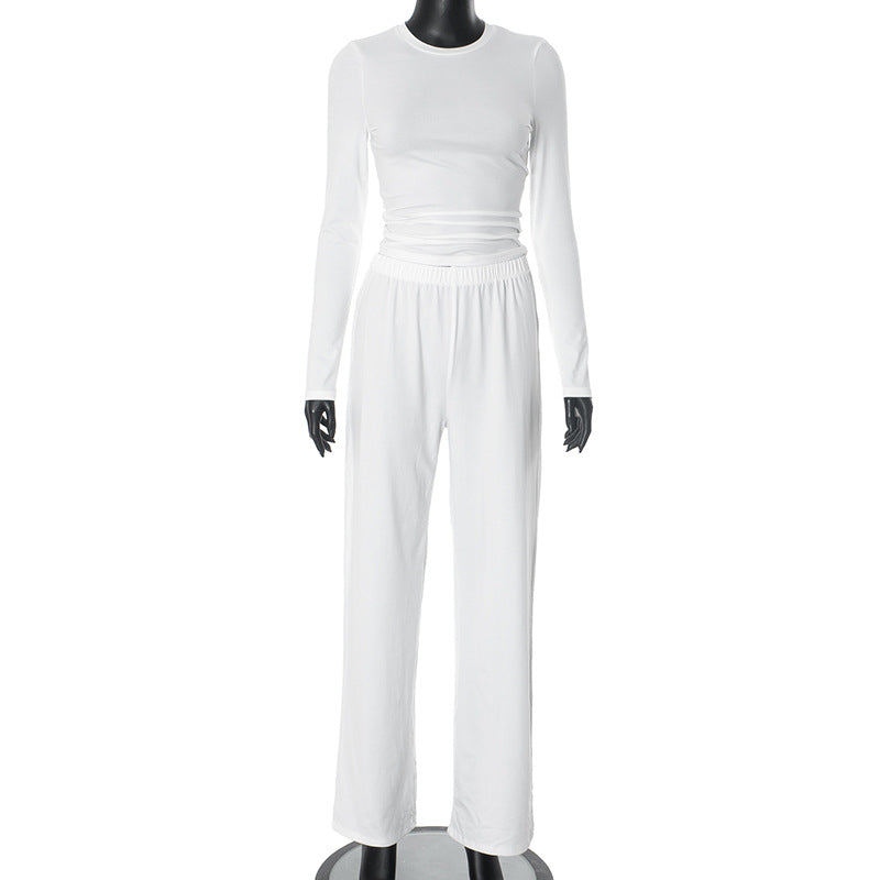 Conjunto de dos piezas para mujer, informal, básico, de color liso, con top de manga larga y pantalones anchos