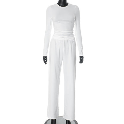 Conjunto de dos piezas para mujer, informal, básico, de color liso, con top de manga larga y pantalones anchos