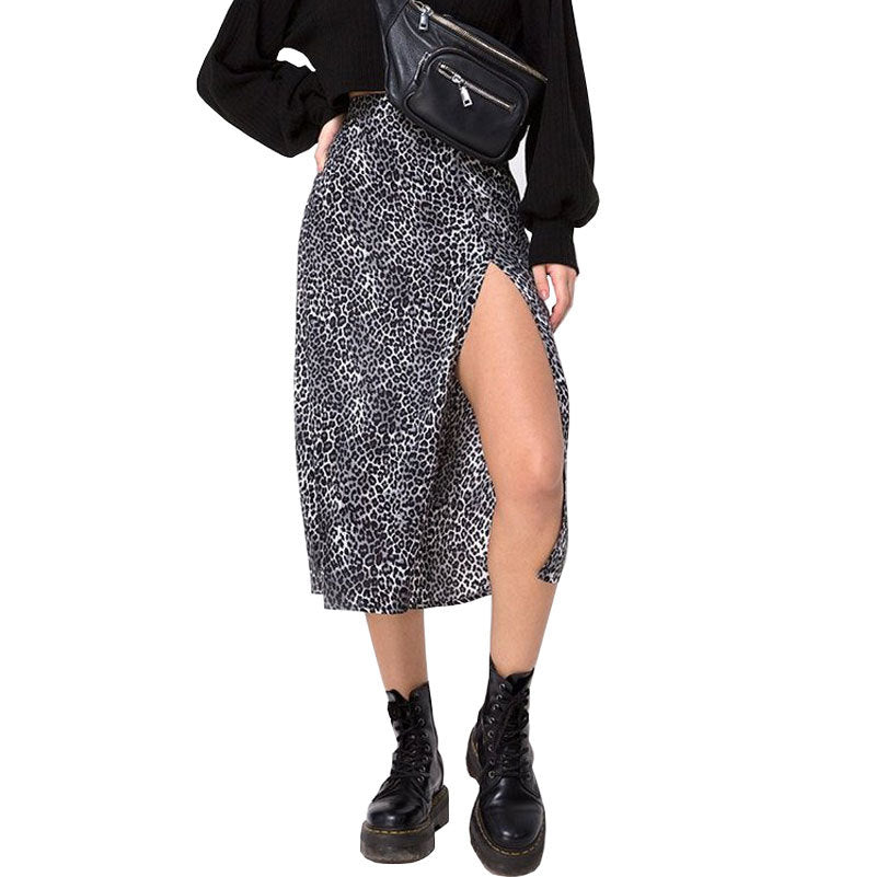 Women Casual Sweet Leopard Flower Printed Summer A-line Side-slit Skirt