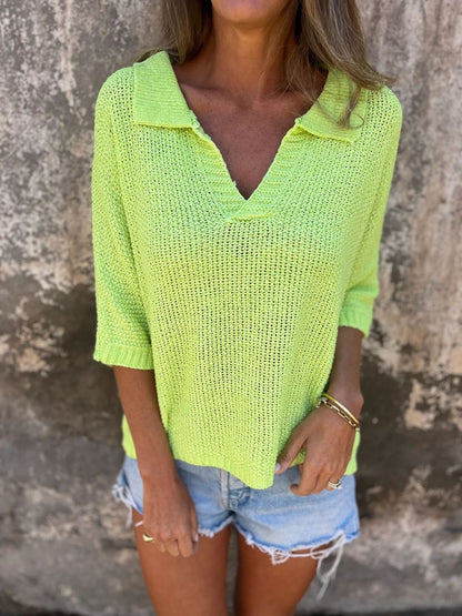 Camiseta de punto de manga larga con solapa de color liso informal para mujer