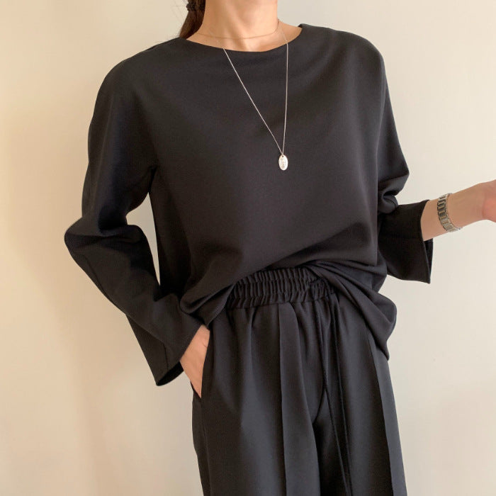 Women Fashion Casual Solid Color Loose Long Sleeve Top Drawstring Pants Two-Piece Set