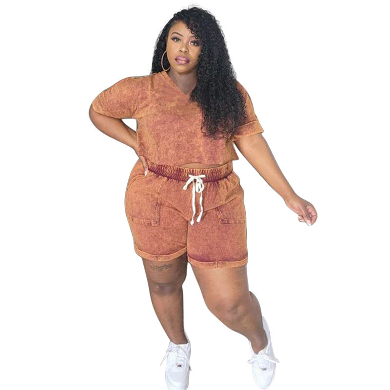 Women Casual Plus Size Printed Short Sleeve Crop Top Drawstring Shorts Two-Piece Set