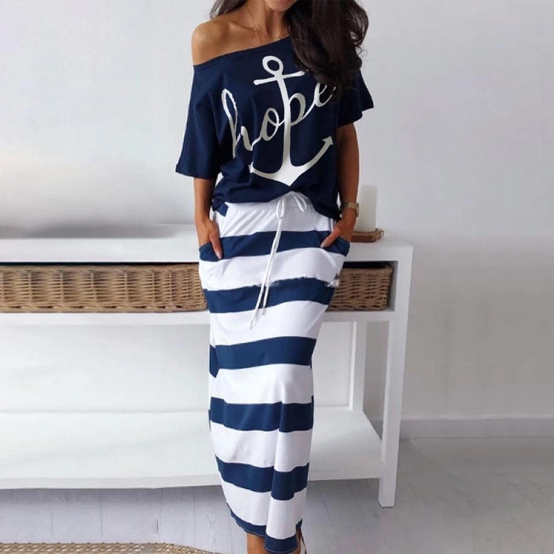 Conjunto de top informal con estampado gráfico atrevido para mujer y falda con bloques de color a rayas