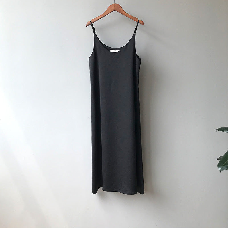 Summer Women Basic Sleeveless Casual Satin Sexy Solid Color V Neck Dress
