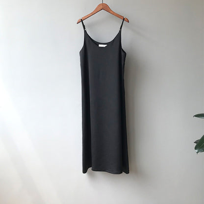 Summer Women Basic Sleeveless Casual Satin Sexy Solid Color V Neck Dress