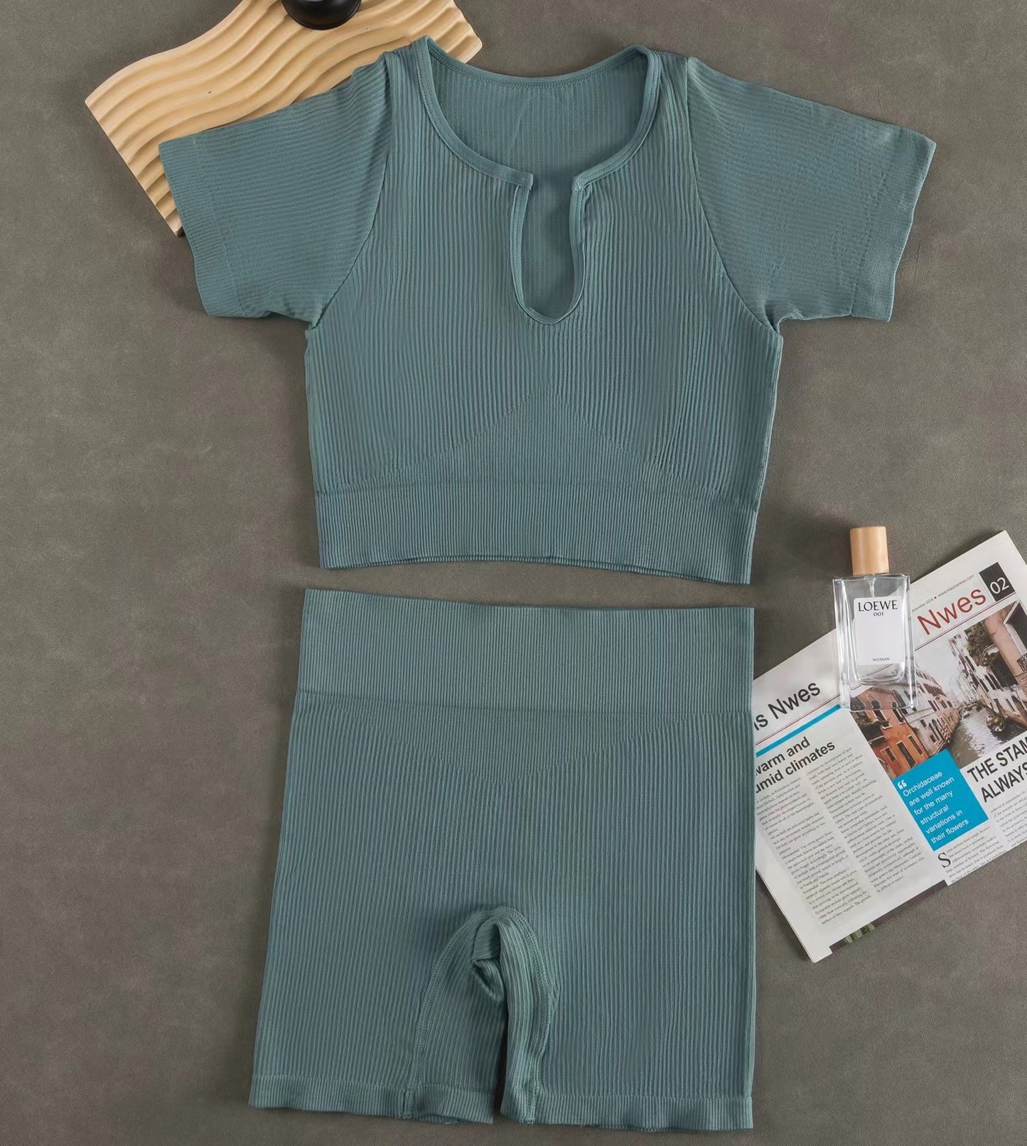 Women Fashion Casual Solid Color Sports Yoga Short Sleeve Top Shorts Set