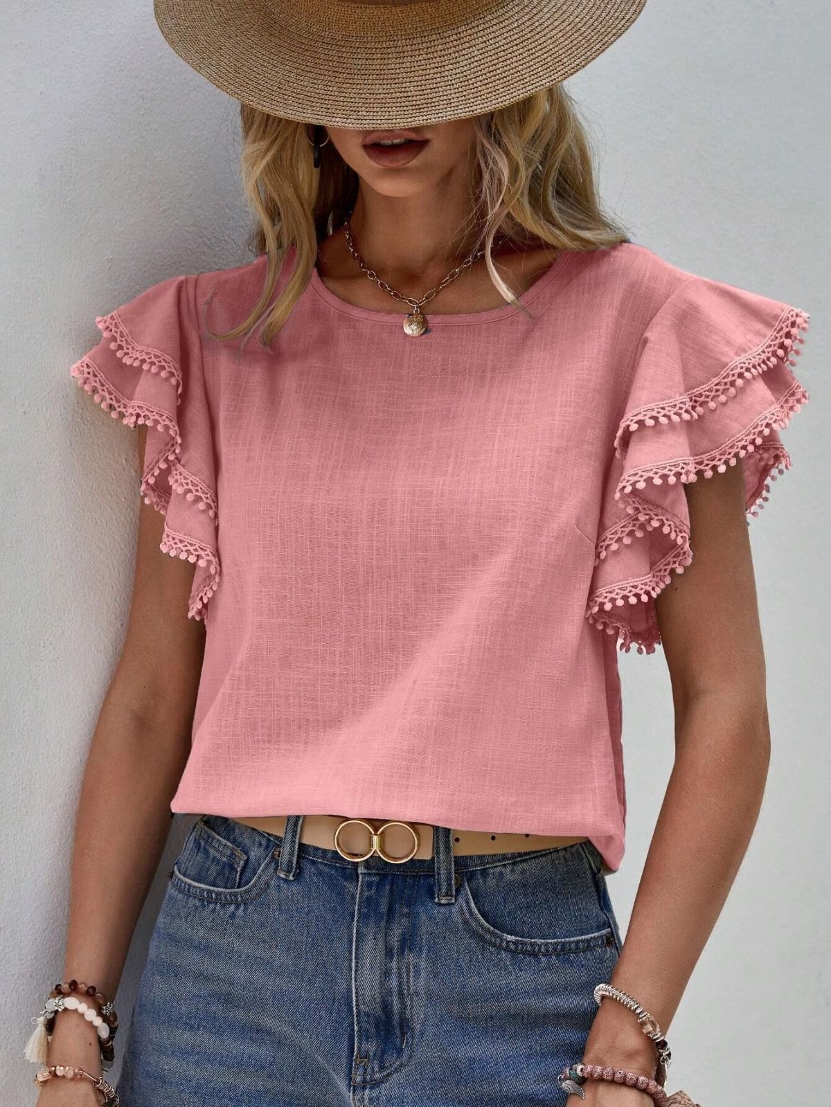 Blusas casuales de color sólido con cuello redondo y volantes para mujer