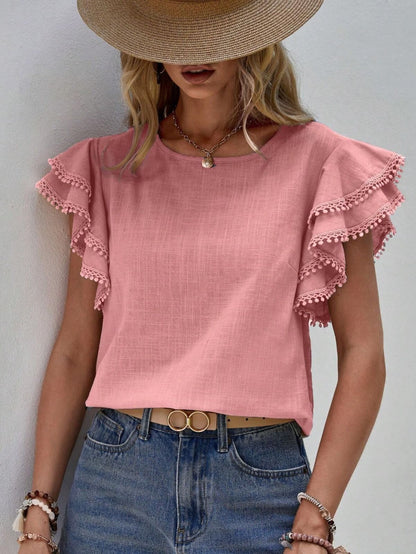 Blusas casuales de color sólido con cuello redondo y volantes para mujer