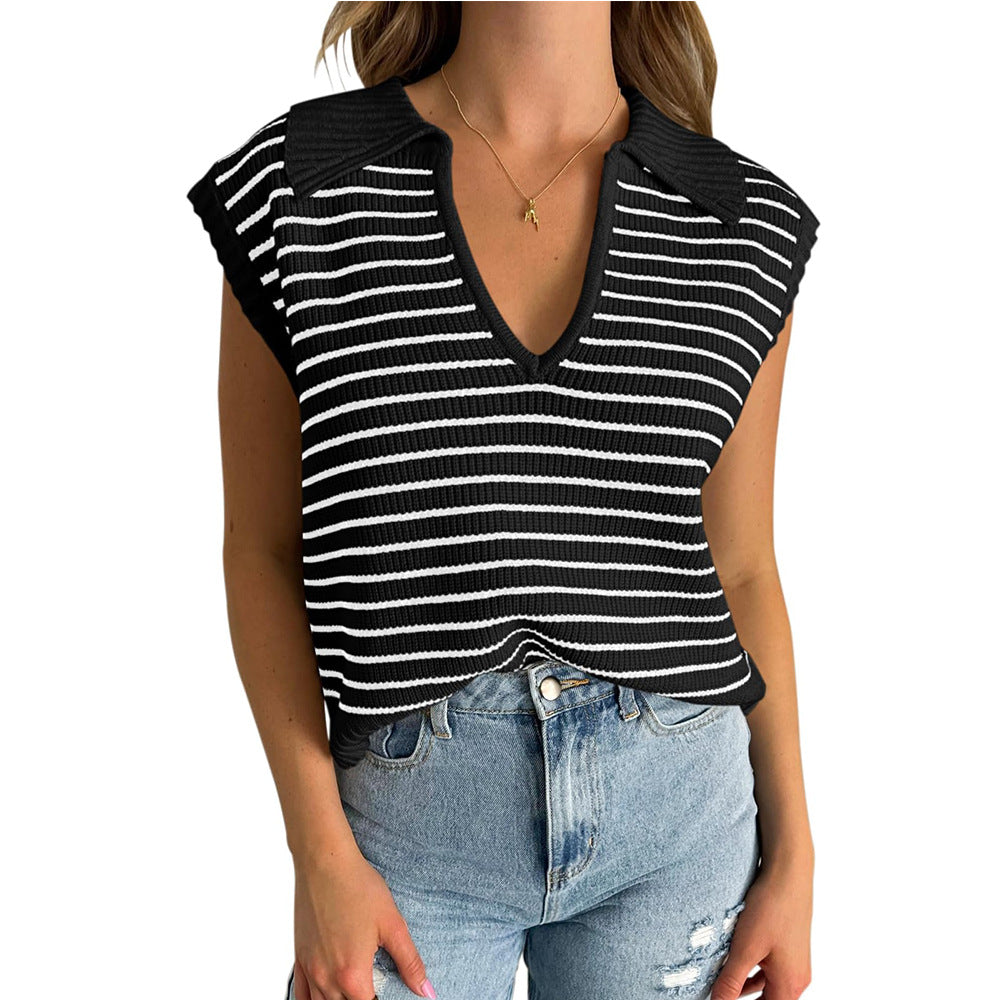 Women Fashion Casual Stripe Lapel V-Neck Sleeveless Knitted Sweater