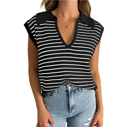 Women Fashion Casual Stripe Lapel V-Neck Sleeveless Knitted Sweater