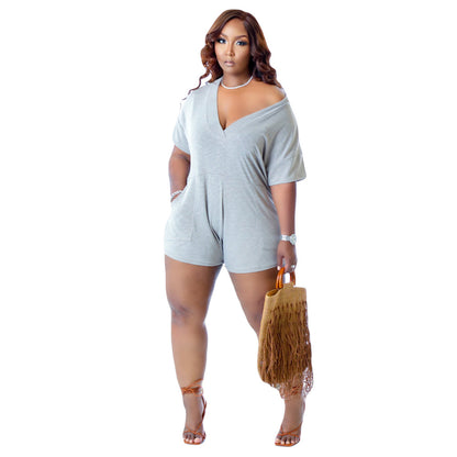 Plus Size Women Casual Imitation Cotton Plus Size One-Piece Short Sleeve Rompers