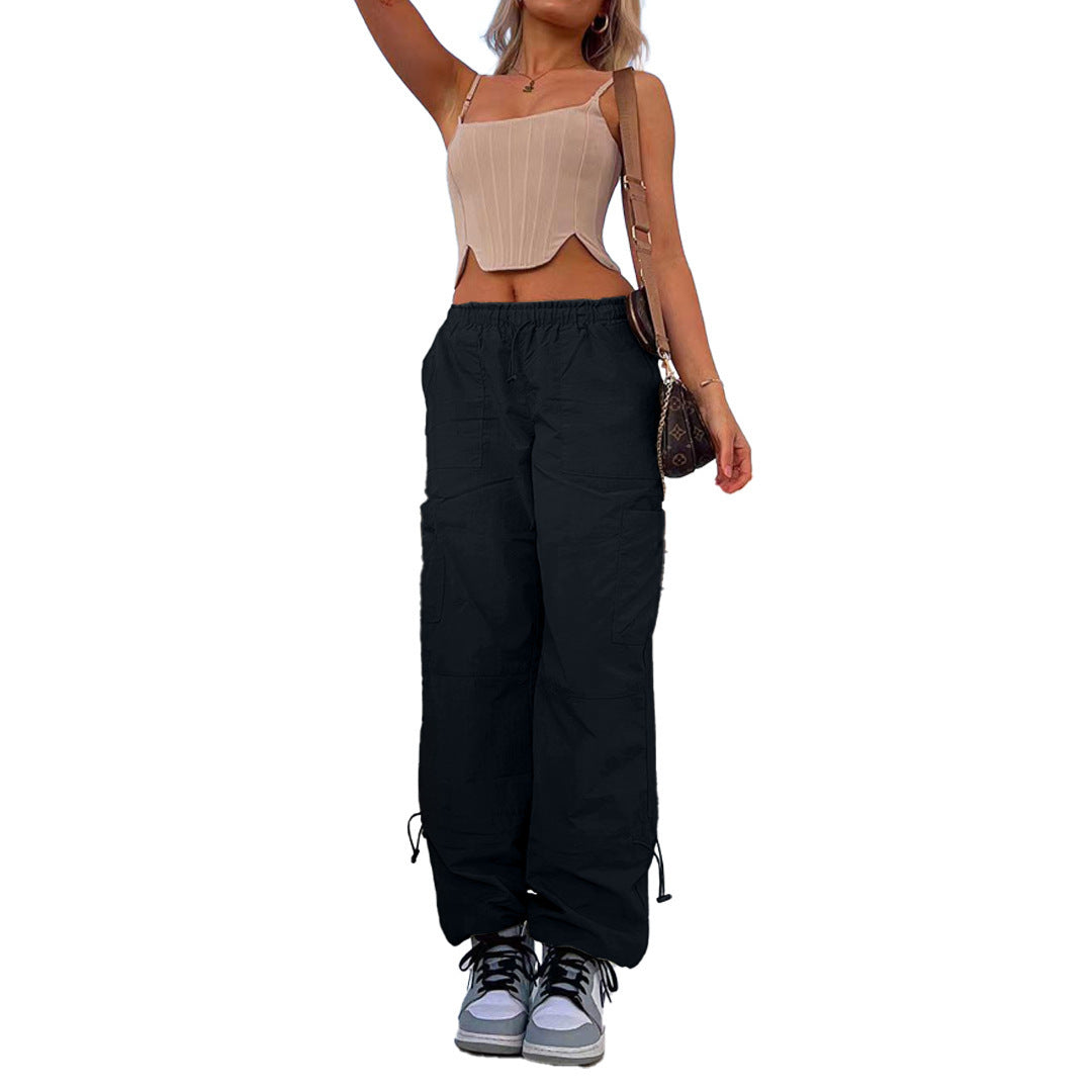 Plus Size Fashion Street Women Loose Strap Multi-Pocket Straight Work Casual Solid Color Cargo Jogger Pants
