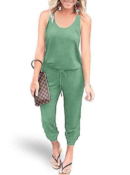 Women Solid Color Tank Top Waist Tie Casual Loose Jumpsuit