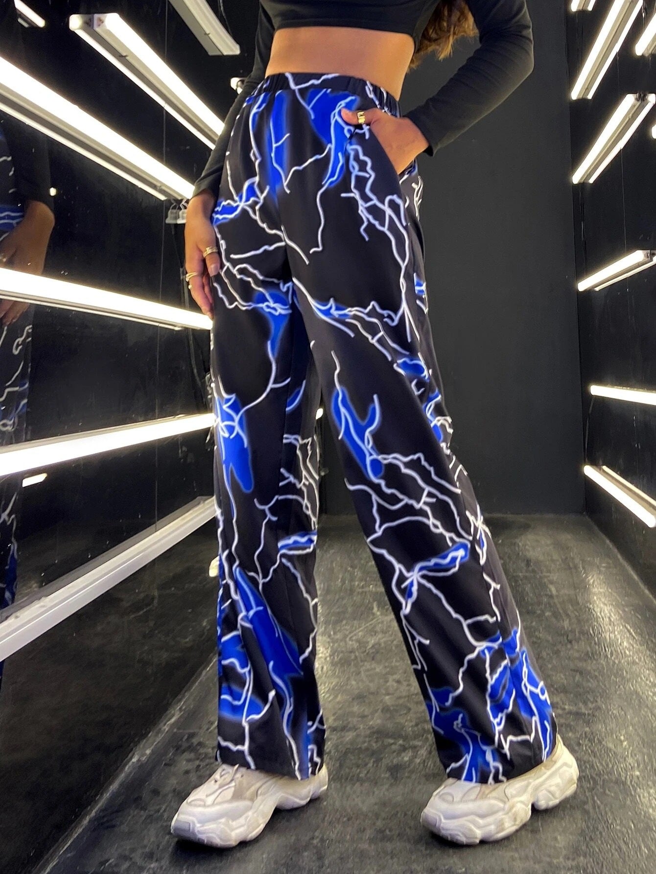 Women Fashion Casual Lightning Priningt Loose Straight-Leg Pants