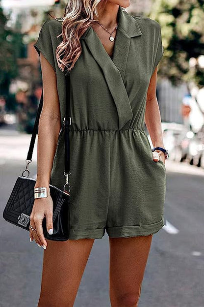 Women Fashion Casual Solid Color V-Neck Short Sleeve Rompers