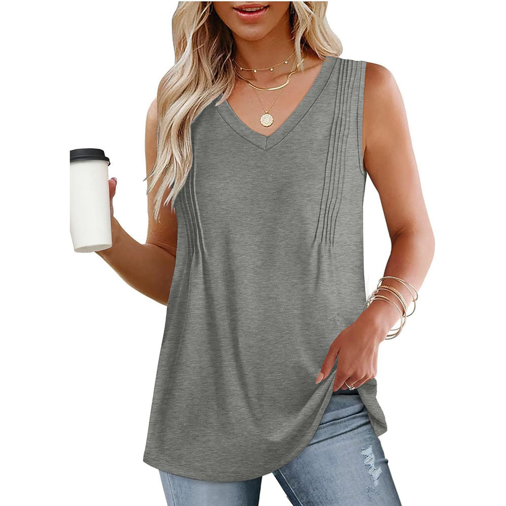 Women Casual Loose Solid Color Pleated V-Neck Tank Top