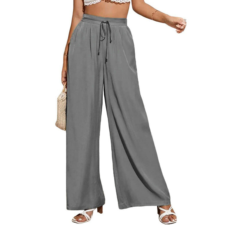 Women High Waist Casual Trousers Solid Color Elastic Waist Tie Loose Wide Leg Pants