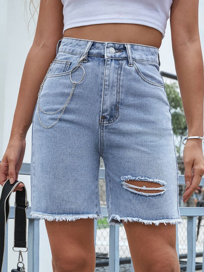 Women Fashion Casual High Waist Loose Ripped Denim Shorts