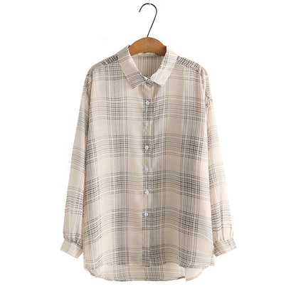 Camisa de gasa de manga larga a cuadros informal de moda de verano para mujer, talla grande