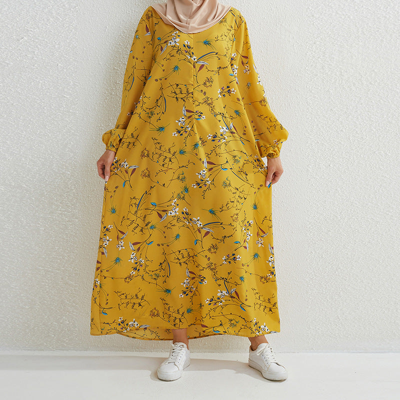 Vestido largo abaya informal holgado de manga larga de color liso para mujer
