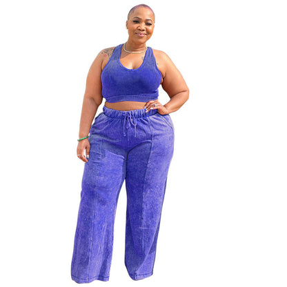 Casual Fashion Plus Size Women Athleisure Solid Color Crop Top And Pants Set