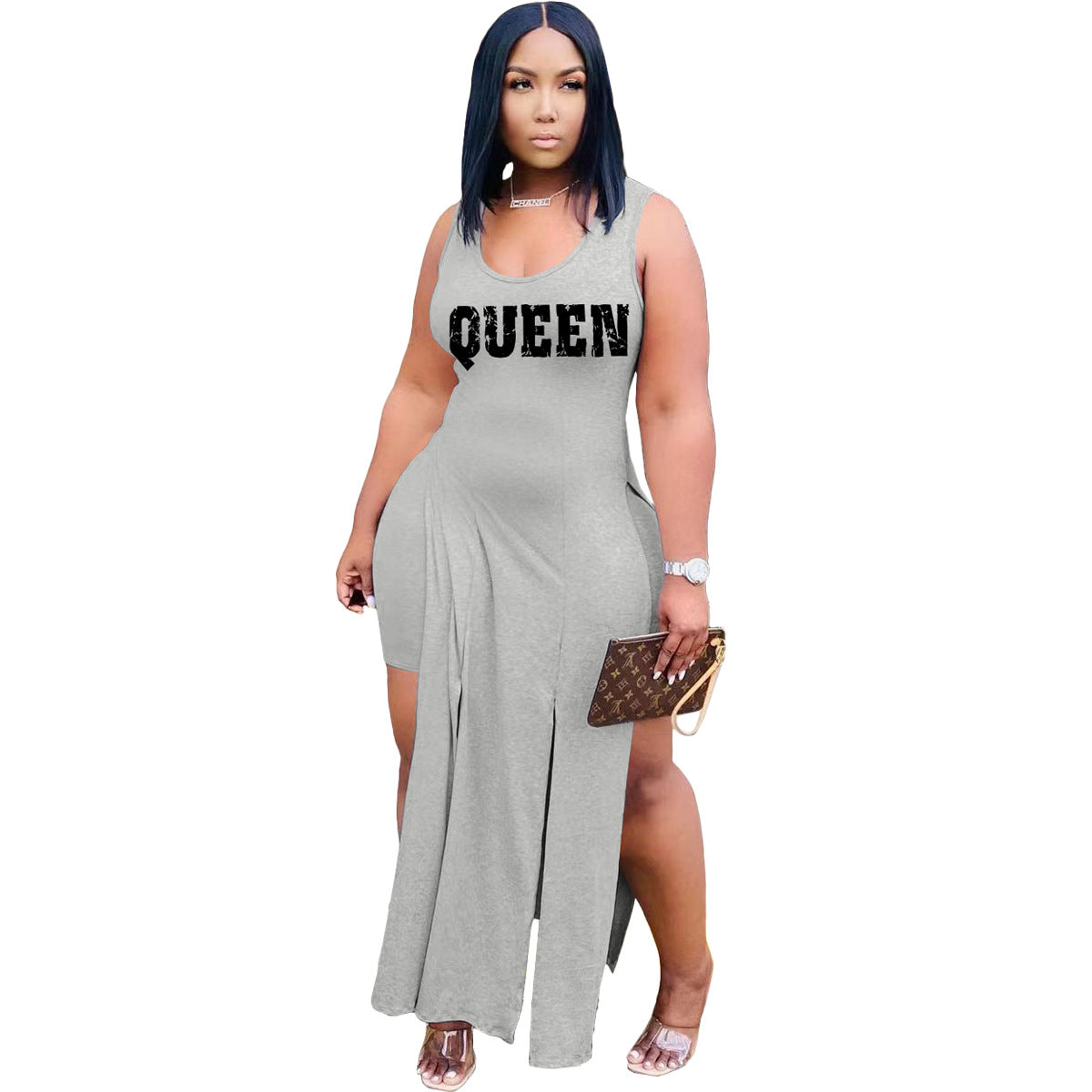 Conjunto de dos piezas básico informal sin mangas con estampado de letras Queen y dobladillo irregular para mujer y pantalones cortos de color liso