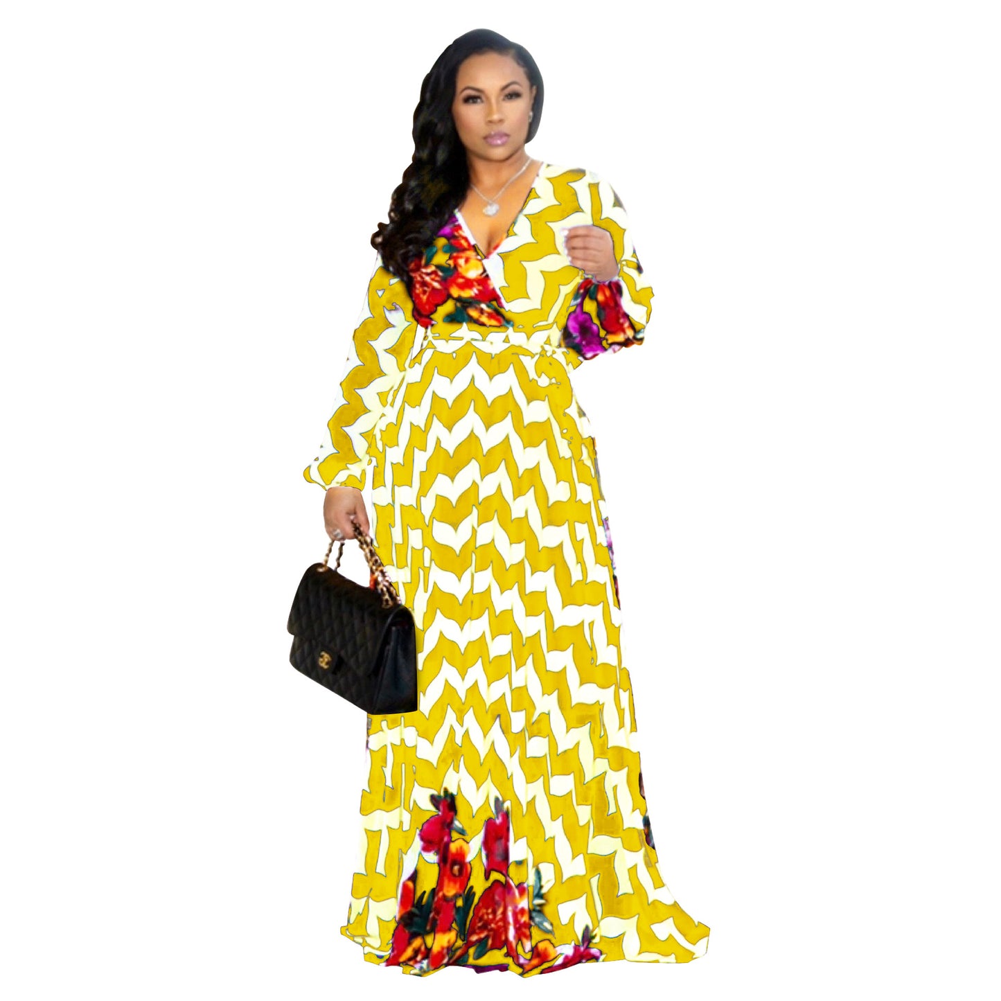 Women Fashion Casual Digital Printing V-Neck Long Sleeve Loose Dress