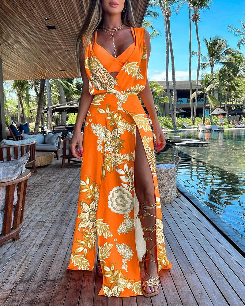 Vestido largo informal de moda para mujer, con estampado floral, sin mangas y abertura lateral