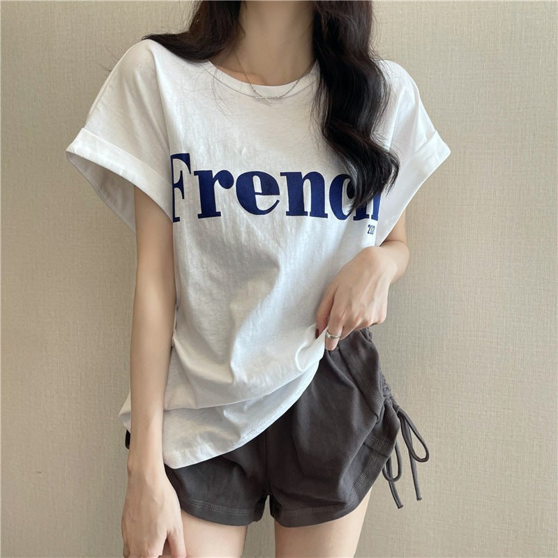 Camiseta informal de manga corta con cuello redondo y estampado del alfabeto para mujer