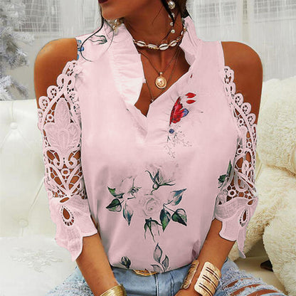 Blusa informal de verano para mujer, con estampado floral, hombros descubiertos, encaje y patchwork, de manga larga