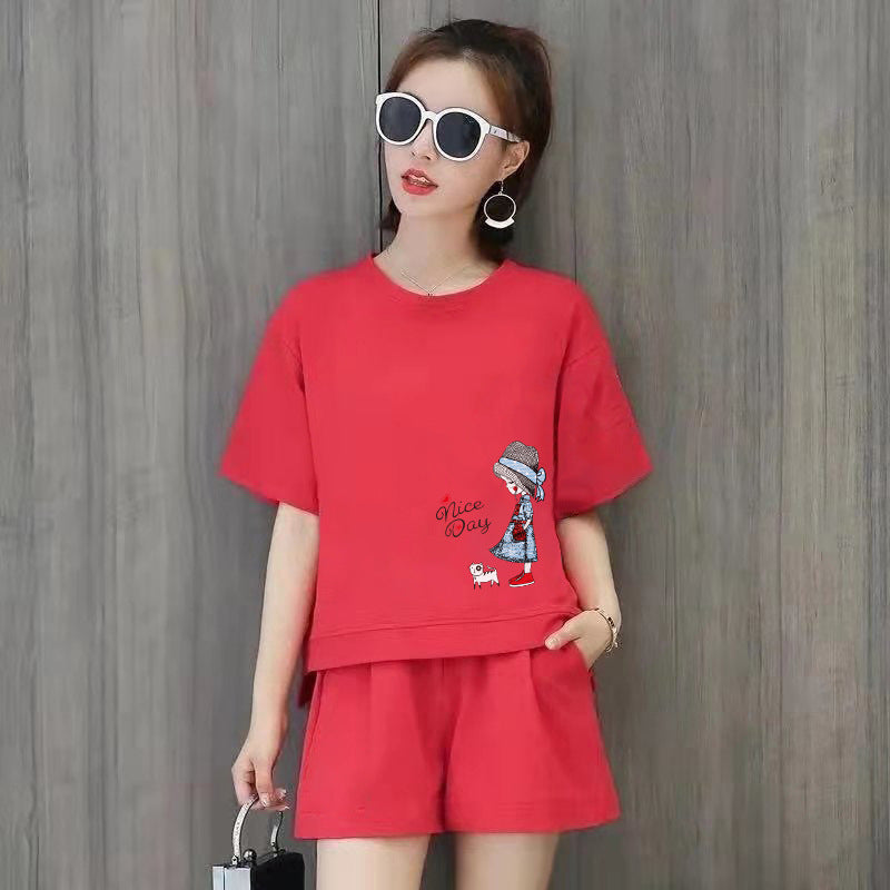 Conjunto de 2 piezas de camiseta de manga corta con cuello redondo, pantalones cortos y cintura definida, estampado de color liso y holgado para mujer