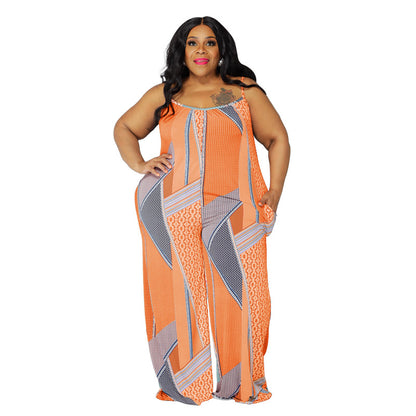 Plus Size Women Sling Print Loose Casual Jumpsuit