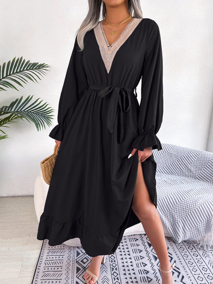 Women Fashion Casual V-Neck Lace Defined Waist Ruffled Dress