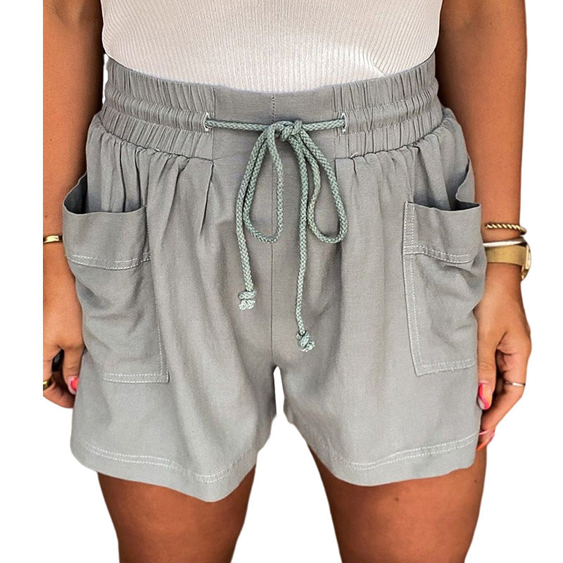 Women Casual Solid Color Cotton High Waist Drawstring Slim Shorts