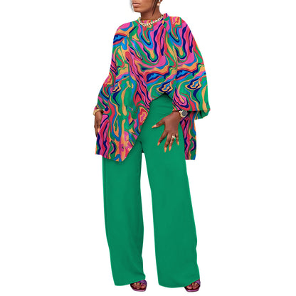 Conjunto de blusa y pantalones con estampado de talla grande informal holgado a la moda de primavera y otoño para mujer