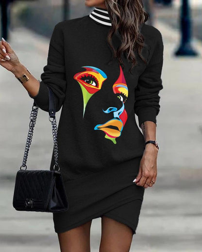 Winter Fashion Women Casual Skull Letter Printed Turtle Neck Long Sleeve Irregular Hemline Dress