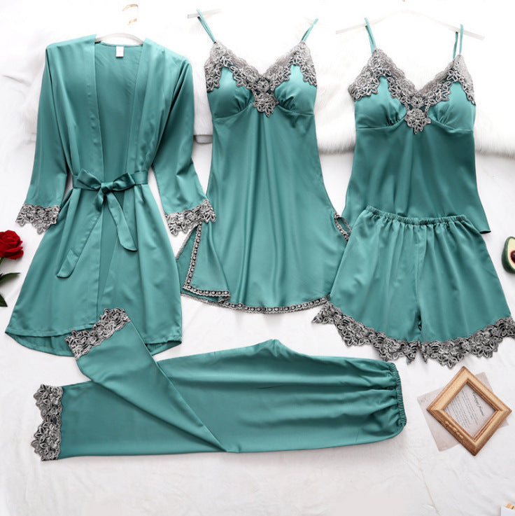 Conjunto de pijama de cinco piezas para mujer, elegante, informal, con bloques de color, de satén, sin mangas y pantalones cortos