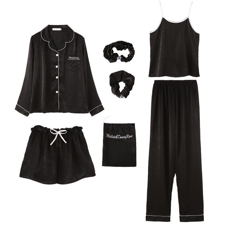 Conjunto de pijama fino de siete piezas con estampado de rayas informal sencillo para mujer