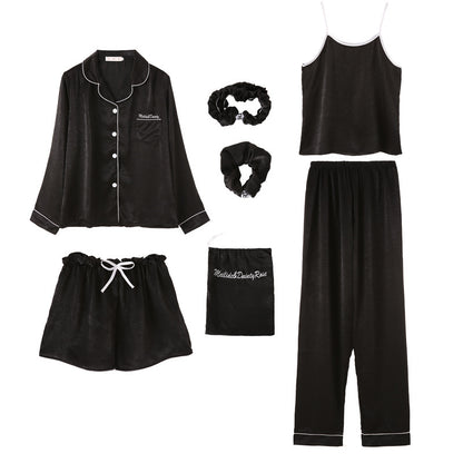 Conjunto de pijama fino de siete piezas con estampado de rayas informal sencillo para mujer