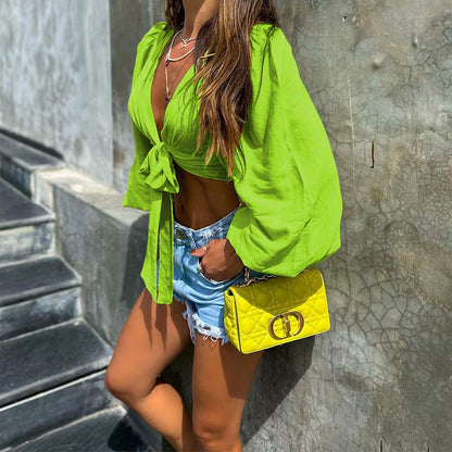 Blusa informal de manga larga con nudo para mujer, color liso, ideal para vacaciones