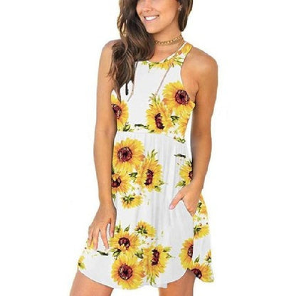 Summer Women Casual Floral Print Round Neck Sleeveless Pocket Dress
