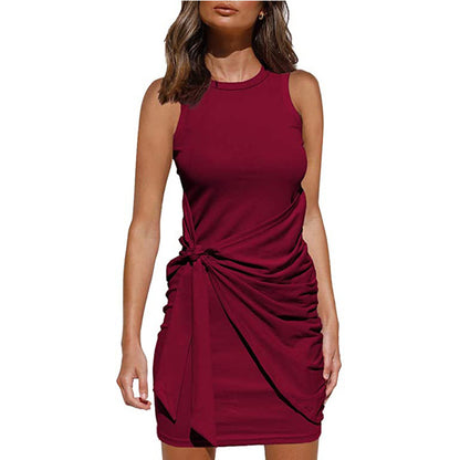 Vestido informal sin mangas con lazo de color liso a la moda para mujer