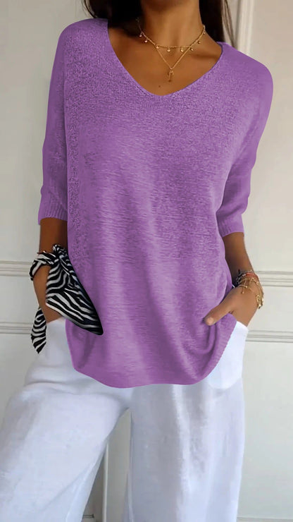 Women Fashion Casual V-Neck Solid Color Knit Sweater