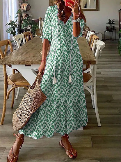 Women Casual Loose V Neck Floral Maxi Dress